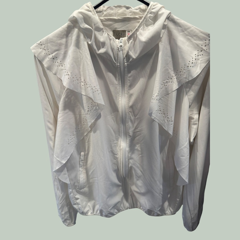 Lucky in Love Womens White Ruffle Laser Cut Hooded Full Zip Jacket Size M 8-10